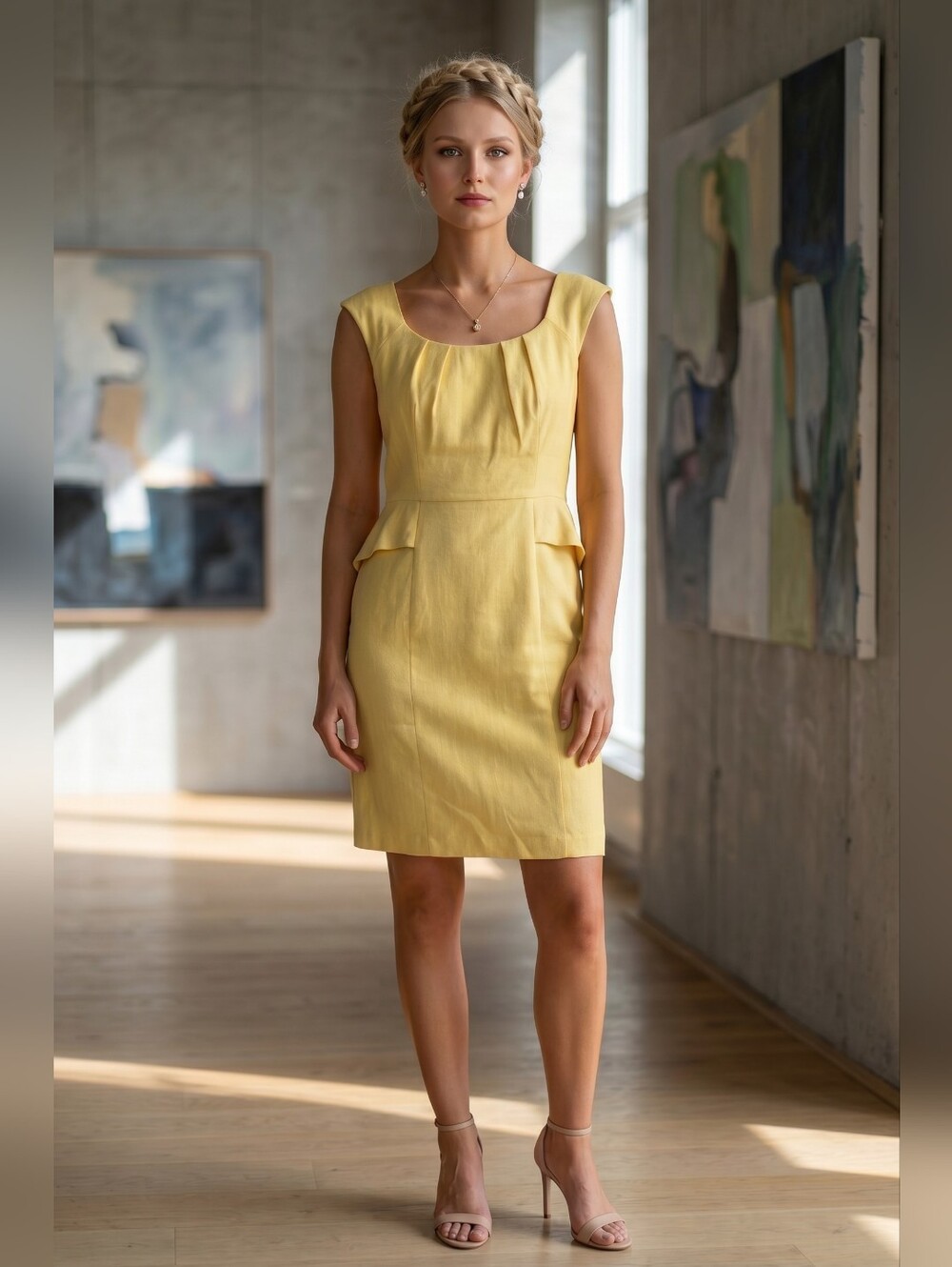 Kay Unger New York Yellow Peplum Sheath Dress Size 14 Excellent Condition